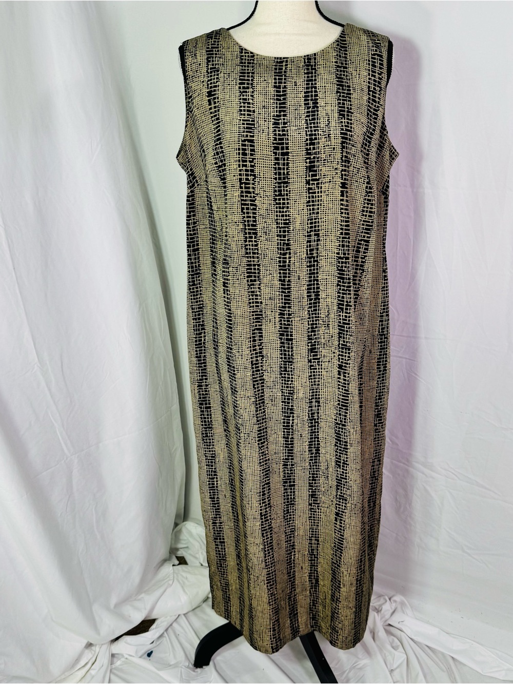 Leslie Fay Maxi Dress 14WP Black Tan Abstract Sleeveless Modest Boho